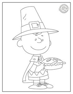 a coloring page with a little boy dressed as a pilgrim and holding a hot dog