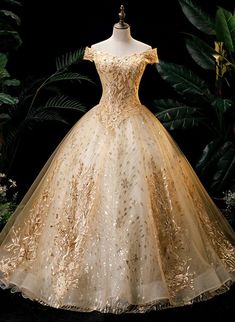 Gold Ball Gown Tulle with Lace Applique Formal Dress Gold Sweet 16 Dresses, Sweet 16 Dresses Long, Off Shoulder Party Dress, Gold Ball Gown, Wedding Dress Off Shoulder, Ball Gowns Vintage, Prom Dress Gold, Off Shoulder Ball Gown, Quinceanera Dresses Gold