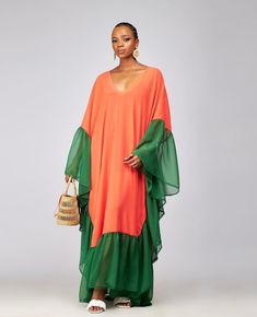 🎈This gorgeous & colorful flowy Kaftan dress is made of high quality plain chiffon that feels good on the skin.  Look simple, yet sophisticated enough to steal all the attention. Great African Summer Boubou outfit. 🎈Details  - Custom made from scratch  -Loose Fit :  You can provide your measurements / I'll make according to the measurements of the size you choose  - Neckline: V Neck -Dress Length 58 inches ( It can be made shorter if you want or according to your height) - Chiffon Fabric -Hand Wedding Guest Gown, Flowy Chiffon Dress, Wedding Guest Gowns, Color Blocking Outfits, Orange Wedding, African Wear, Abayas Fashion, How To Make Shorts, Kaftan Dress