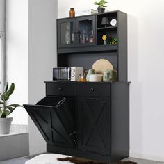 a black cabinet sitting next to a plant in a living room