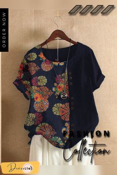 Floral Printed Patchwork O Neck Button T Shirt P1671268 Floral Print Shirt, Vintage Floral Print, Floral Print Tops, Floral Printed, Tshirts Online, Blue Fashion, Print Tops, Batik, Printed Shirts