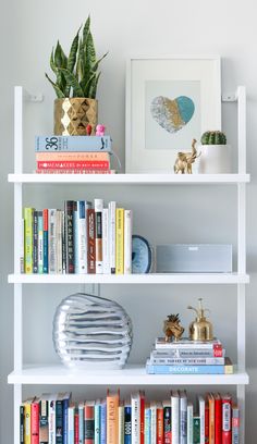 a bookshelf filled with lots of books next to a potted plant on top of a table