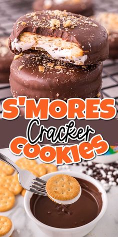 there is a chocolate covered cookie with marshmallows on it and the words s'mores cracker cookies