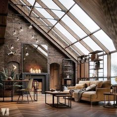 a living room filled with furniture and a fire place next to a loft style ceiling