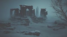 the ruins are covered in snow and surrounded by rocks, trees, and bushes on a foggy day