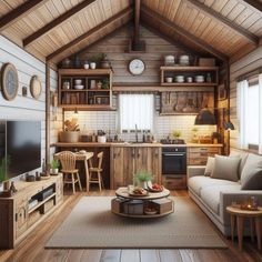 a living room filled with furniture and a flat screen tv on top of a wooden table