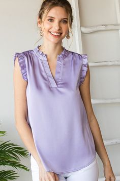 Lavender v neck sleeveless satin top with collar frill and ruffled shoulders Unlined 100% Polyester Top With Collar, Peplum Hem, Satin Top, Neck Ruffle, Womens Tunics, No Frills, Tunics, Sleeveless Top, Lavender