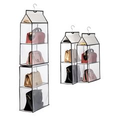 three glass shelves with handbags and purses in them, one is hanging on the wall