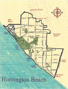 a drawing of a map with the words huntington beach on it