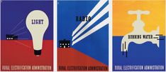 three posters with different types of light bulbs and buildings in the middle one is blue, yellow, red, and orange