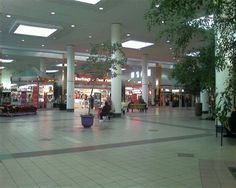 an empty shopping mall with people walking through the area and trees in the middle of the floor