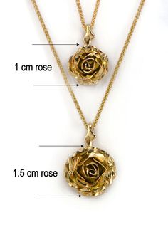 Rose Flower Necklace, 9k Yellow Gold Pendant, Gold Rose Necklace Beautiful yellow rose suspended by delicate thorns, A truly romantic gift! handcrafted in 9ct yellow solid gold * Material: 9ct Fairtrade / recycle UK hallmarked gold * Size of Rose: Approx 1.5 cm (0.4in) diameter * Length of Chain: hallmarked 1 mm Spiga chain 40 cm (16in) long (it could be longer on request ) * Ready to Ship in 10 business day * Made in the United Kingdom Please allow for slight variations in size as every item is Delicate Gold Jewelry With Roses, Delicate 14k Gold Rose Design Jewelry, Minimalist Rose Jewelry For Anniversary, Delicate Rose Gold Jewelry With Roses, Rose Pendant Jewelry With Rose Design, Delicate Rose Gold Necklaces With Roses, Flower Pendant Jewelry With Roses For Anniversary, Rose Colored Jewelry With Round Rose Design Pendant, Rose Color Jewelry With Round Rose Design Pendant