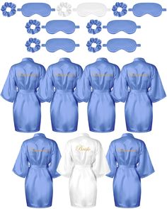 six different blue and white robes with eye masks