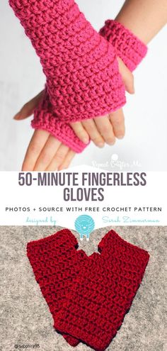 crocheted fingerless gloves with text that reads, 50 - minute fingerless gloves