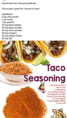 the recipe for taco seasoning is shown in this poster, with instructions to make it