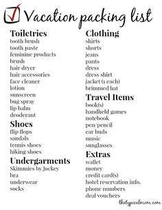 travel packing list with the words vacation packing list in black and white, including clothes