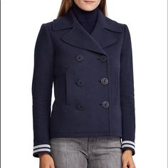 Nwt Lauren Ralph Lauren French Terry Jacket Double-Breasted, Knit Finish With Striped Cuffs Tags/Extra Buttons Are Detached Color- Lauren Navy Fitted Wool Outerwear With Ribbed Cuffs, Fitted Navy Outerwear For Winter, Navy Blazer With Button Cuffs For Winter, Chic Navy Wool Outerwear, Winter Workwear Peacoat With Button Cuffs, Long Sleeve Fall Peacoat For Work, Navy Peacoat With Button Cuffs For Fall, Chic Outerwear For Work With Ribbed Cuffs, Chic Fitted Long Sleeve Peacoat