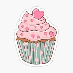 a cupcake with pink frosting and hearts on it sticker is sitting in front of a white background