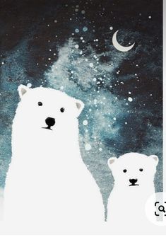 two polar bears standing next to each other in front of a night sky with stars and the moon