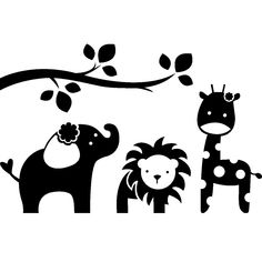 an elephant, giraffe and lion silhouettes under a tree branch with leaves