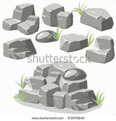 rocks and grass on a white background with clippings for each rock in the image