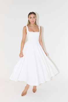 The Ultimate Muse High Waist Square Neck Midi Dress White Dress A Line, White Midi Dress Classy Wedding, Wedding Reception Dress Midi, Ankle Length White Dress, Mid White Dress, White Midi Wedding Dress, White Tea Dress, Midi White Tulle Dress, White Graduation Dress Long