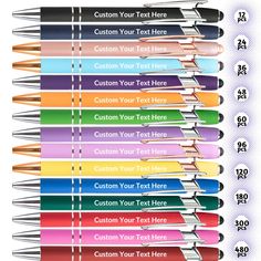 a bunch of pens with different colors and sizes on them, all lined up in a row