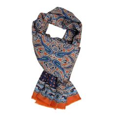 orange and blue printed silk scarf - sera fine silk Italian Silk Scarf, Blue Silk Scarf, Silk Accessories, Scarf Men, Lake Como, Blue Silk, Cashmere Scarf, Silk Scarves, Scarf Styles