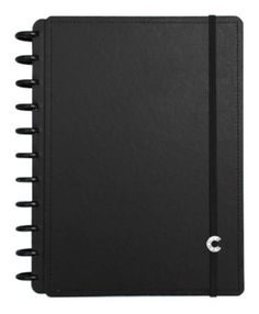 a black notebook with spirals on the cover