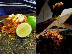 two pictures side by side one with limes and the other with food on it