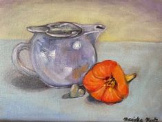 a painting of a teapot and an orange flower