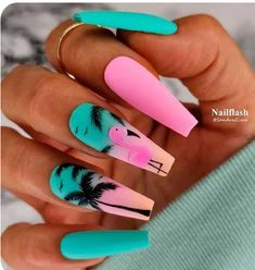 Flamingo Nails, Summer Nails Beach, Pink Ombre Nails, Vacation Nails, Pink Nail, Neon Nails, Beach Nails