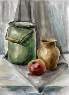 a painting of an apple and a jar on a table with a curtain behind it