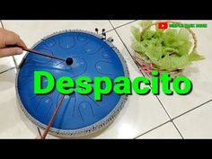 a person is using a brush to clean the bottom of a blue object with words describing despaccit