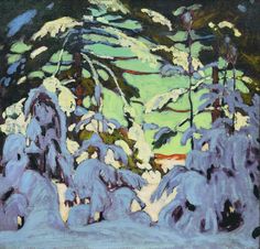 a painting of snow covered trees and bushes