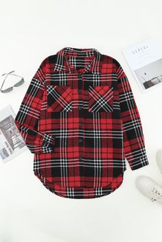 Red Grid Print Boyfriend Shirt Coat