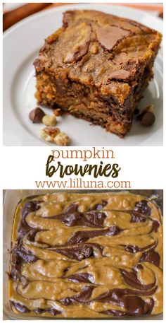 pumpkin brownies with chocolate and peanut butter on top are shown in this collage