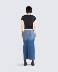 Simple, not basic 😌 Feel good and look even better in this two-piece set featuring a black jersey top paired with a blue denim maxi skirt. The perfect everyday look to dress up or down, period 🖤 Denim Maxi, Denim Maxi Skirt, Black Jersey, Blue Maxi, Cargo Pant, Casual Sets, Jersey Top, Two Piece Sets, Everyday Look