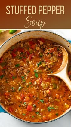 a bowl of stuffed pepper soup with a wooden spoon in it and text overlay that reads stuffed pepper soup