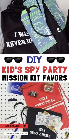 kids'spy party mission kit favors with text overlay that reads diy kid's spy party mission kits favors