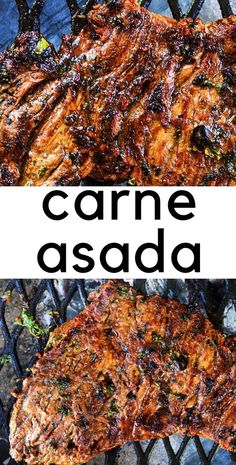 grilled meat on the grill with words that read, carne asasada