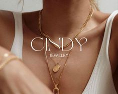 a woman wearing a white tank top and gold necklaces with the words candy jewelry on it