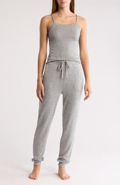 You'll want to sleep (or lounge) all day in these soft pajamas that pair a camisole with matching joggers. 18" top length; 30" inseam; 12" rise (size Small) Square neck; spaghetti straps 50% polyester, 30% rayon, 20% acrylic Machine wash, dry flat Imported Womens Pjs, Soft Pajamas, Sleepwear Robe, Honeydew, To Sleep, Square Neck, Nordstrom Rack, Pajama Set, Heather Grey