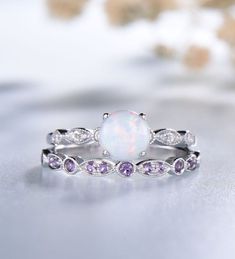 Opal and Amethyst Wedding Set, Sterling Silver White Opal Ring, Gemstone Ring, Amethyst Wedding Band White Birthstone Ring With Round Stone, Elegant Lavender Birthstone Ring For Weddings, Elegant Multi-stone Amethyst Wedding Ring, Elegant Amethyst Wedding Ring, Elegant Wedding Amethyst Ring, Elegant White Multi-stone Birthstone Ring, Amethyst Ring With Gemstone Accents For Anniversary, Round Amethyst Ring With Gemstone Accents For Anniversary, Anniversary Amethyst Ring With Gemstone Accents