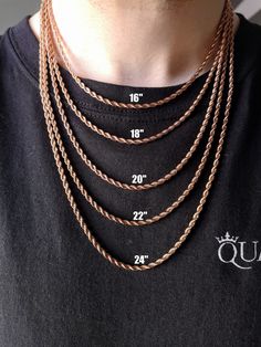 "3MM 18K Rose Gold Rope Chain Necklace, Stainless Steel Necklace Men, Stainless Steel Chain Necklace, Mens Necklace Stainless Steel The rose gold is 18K plated with a 316L stainless steel body. Our customers have been very pleased with these products, so we hope we can also please you. We have taken the liberty of providing a full breakdown description (below) for you to review. We are looking forward to sending you your perfect chain! Thank you! -------------------------------------- ♛ DETAILS Rose Gold Jewelry With Rope Chain For Gift, Rose Gold Rope Chain Necklace Gift, Rose Gold Curb Chain Necklace, Rose Gold Chain Necklace, Copper Chain Necklace, Irish Rose, Model Pics, Necklace Mens, Mens Necklace