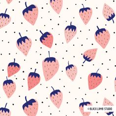 a pattern with pink strawberries on a white background that has polka dots and black lines