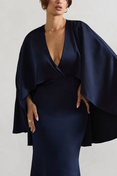 Yasie Navy Satin Plunge-Neck Maxi Dress With Cape Sleeves – Club L London - USA Dress With Cape Sleeves, Plunge Neck Maxi Dress, Navy Maxi Dress, Dress With Cape, Club L London, Black Dress Prom, Black Tie Gala, Party Dress Long Sleeve, Cape Sleeves