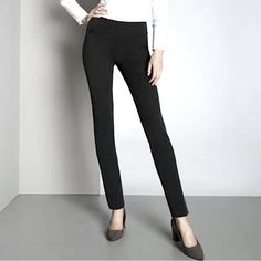 Timeless Cigarette Pull On Pants With Tummy Control In Black. Versatile, Classic From Office, Meet Up With Friend To Night Out. Stretchy, Smooth And Sleek Material. Waist 15 1/2” Rise 9” Inseam 31” P114 Montreal Office Casual Festive Holidays Smoothing Slimming Stretch Full-length Pants For Office Wear, Stretch Full Length Pants For Office, Elegant Stretch Straight Leg Leggings, Elegant Straight Leg Leggings For Business Casual, Elegant Straight Leg Business Casual Leggings, Stretch Trousers For Office Wear, Elegant Business Casual Straight Leg Leggings, Fitted High-waisted Dress Pants For Office, Classic Full-length Tight Bottoms