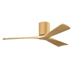 a wooden ceiling fan with three blades on the blade and one is turned upside down