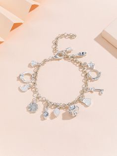 Silver Fashionable Collar  Zinc Alloy   Embellished   Fashion Jewelry Moon Charm Bracelet, Cute Charm Bracelets, Charm Bracelet Aesthetic, Grad Jewelry, Charm Bracelets For Girls, Pretty Jewelry Necklaces, Bracelets Charms